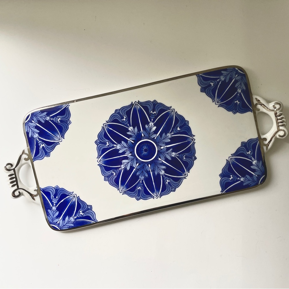 90’s Vintage Cottagecore BOMBAY Ceramic Serving Tray Handles Blue White Floral